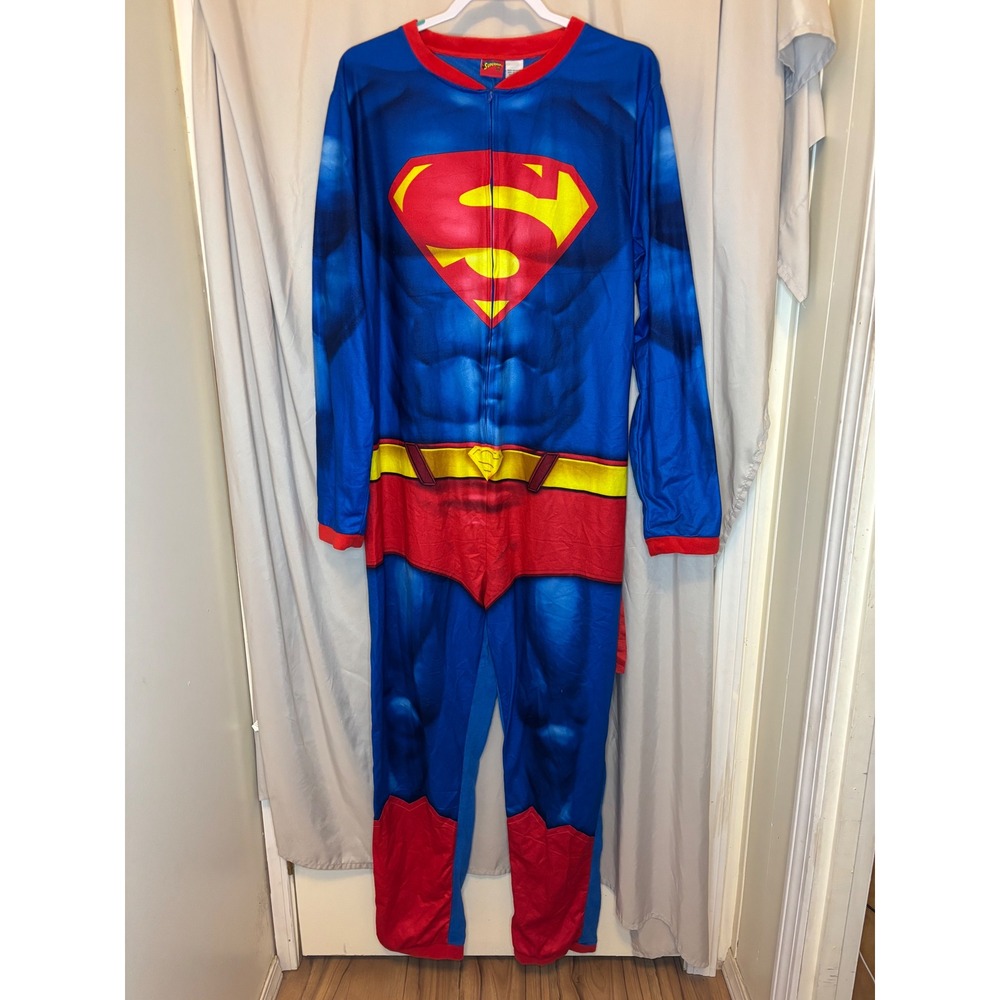 Superman Mens One Piece Pajamas Briefly Stated Blue Red Cape Large SP141MBSMA